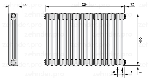 Схема (чертеж) Радиатор Zehnder Charleston 3100/18 №5510 Белый глянцевый RAL 9016